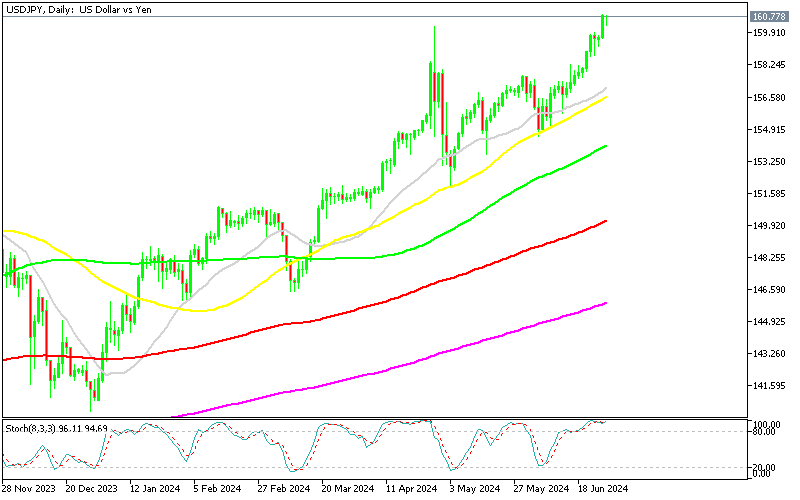 Chart USDJPY, D1, 2024.06.27 20:47 UTC, MetaQuotes Ltd., MetaTrader 5, Demo