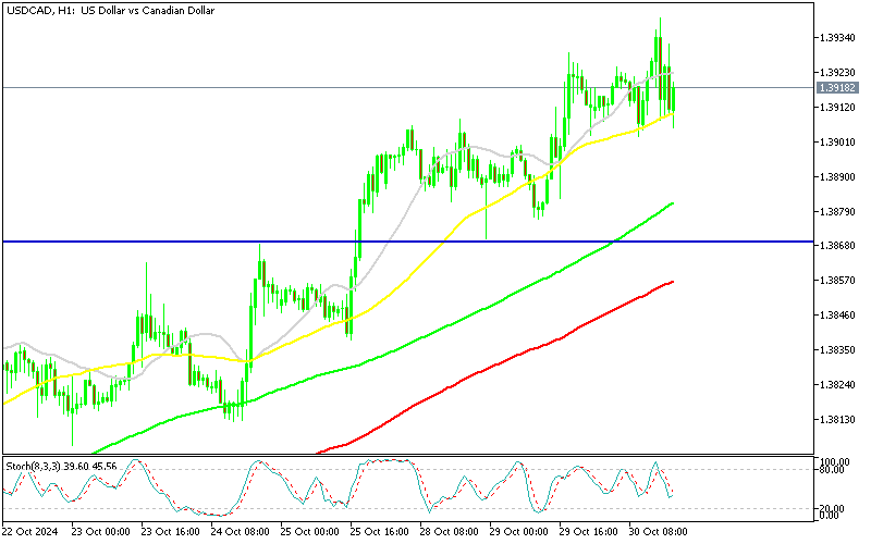 Chart USDCAD, H1, 2024.10.30 16:19 UTC, MetaQuotes Ltd., MetaTrader 5, Demo