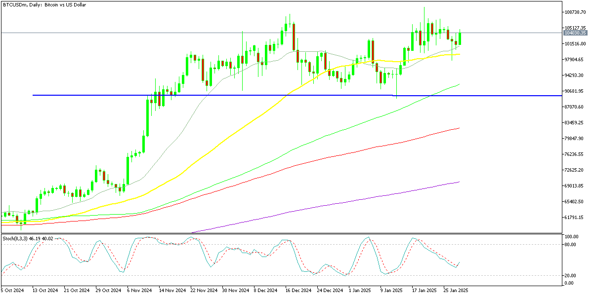 Chart BTCUSDm, D1, 2025.01.29 23:38 UTC, Exness Technologies Ltd, MetaTrader 5, Real