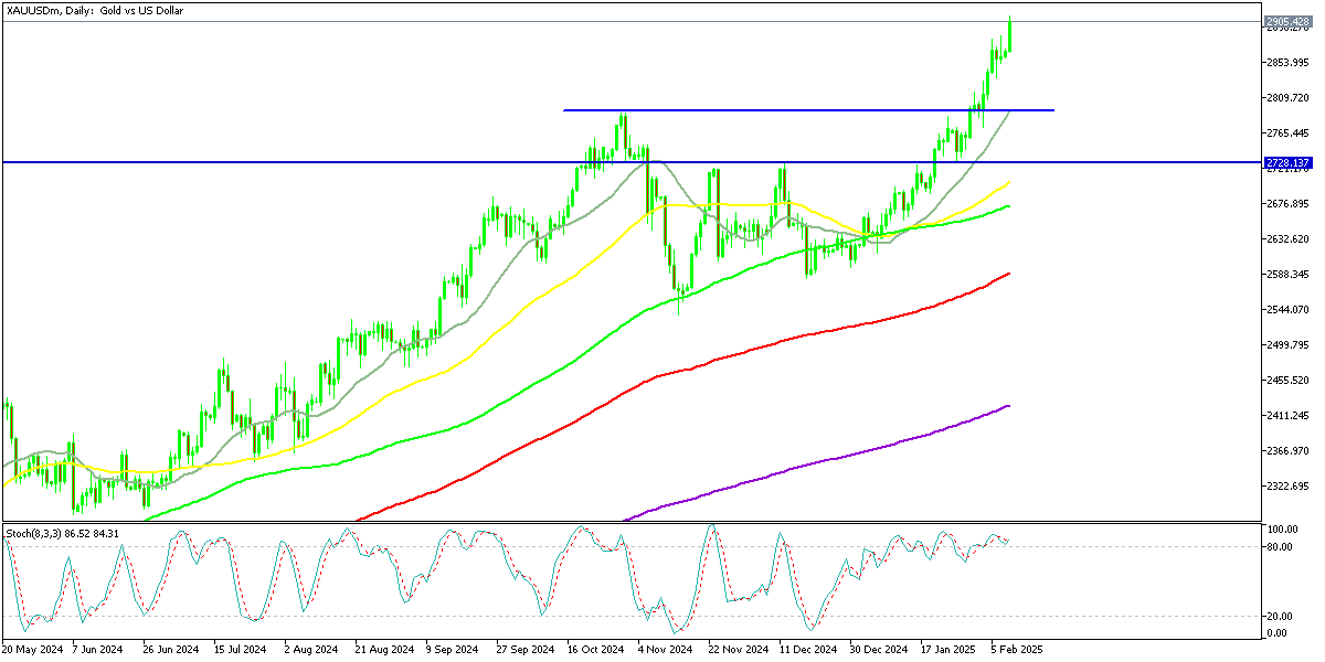 Chart XAUUSDm, D1, 2025.02.10 18:50 UTC, Exness Technologies Ltd, MetaTrader 5, Real