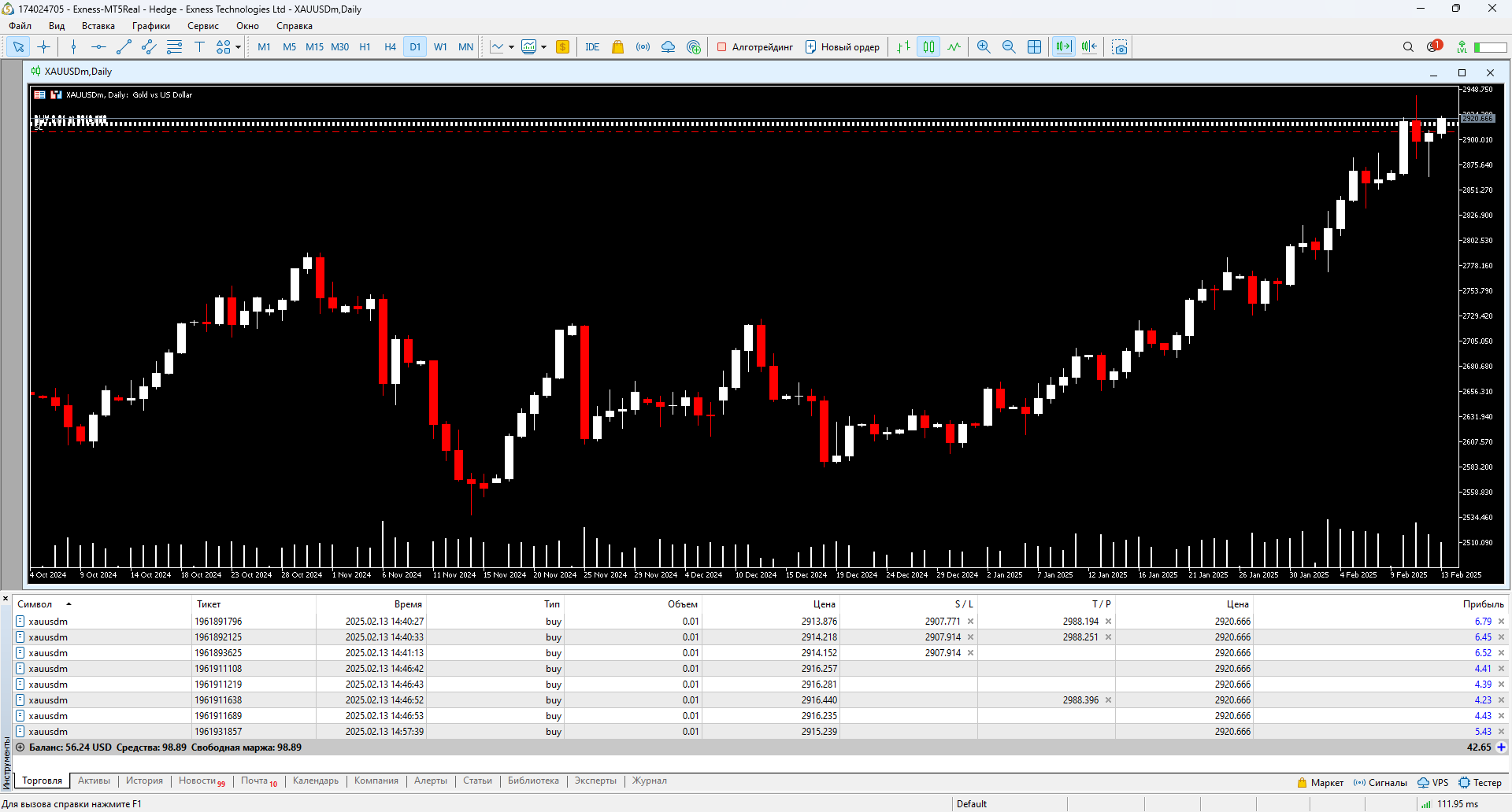 Chart XAUUSDm, D1, 2025.02.13 18:15 UTC, Exness Technologies Ltd, MetaTrader 5, Real