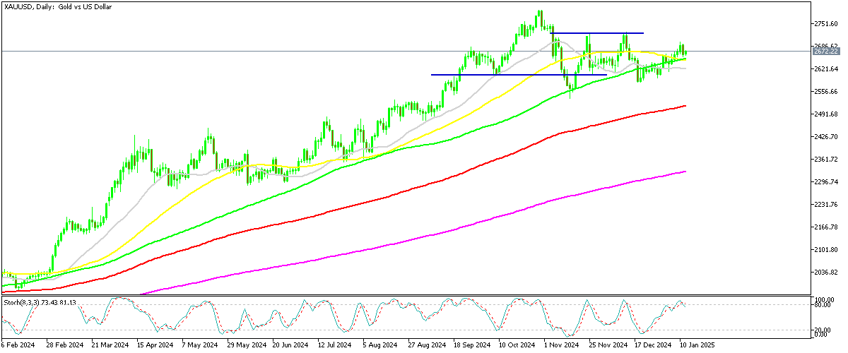 Chart XAUUSD, D1, 2025.01.14 18:59 UTC, MetaQuotes Ltd., MetaTrader 5, Demo