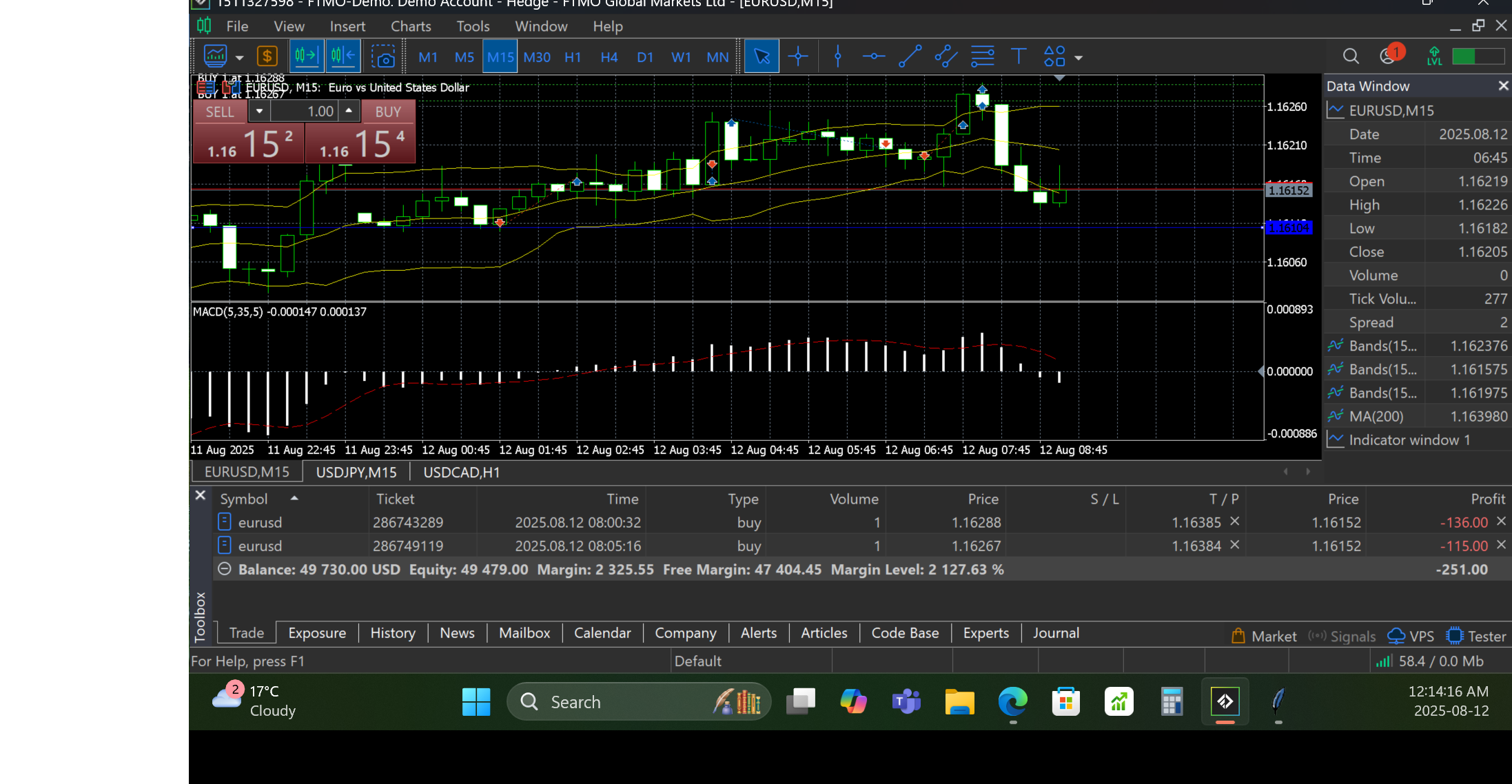 Chart EURUSD, M15, 2025.08.12 02:57 UTC, FTMO Global Markets Ltd, MetaTrader 5, Demo