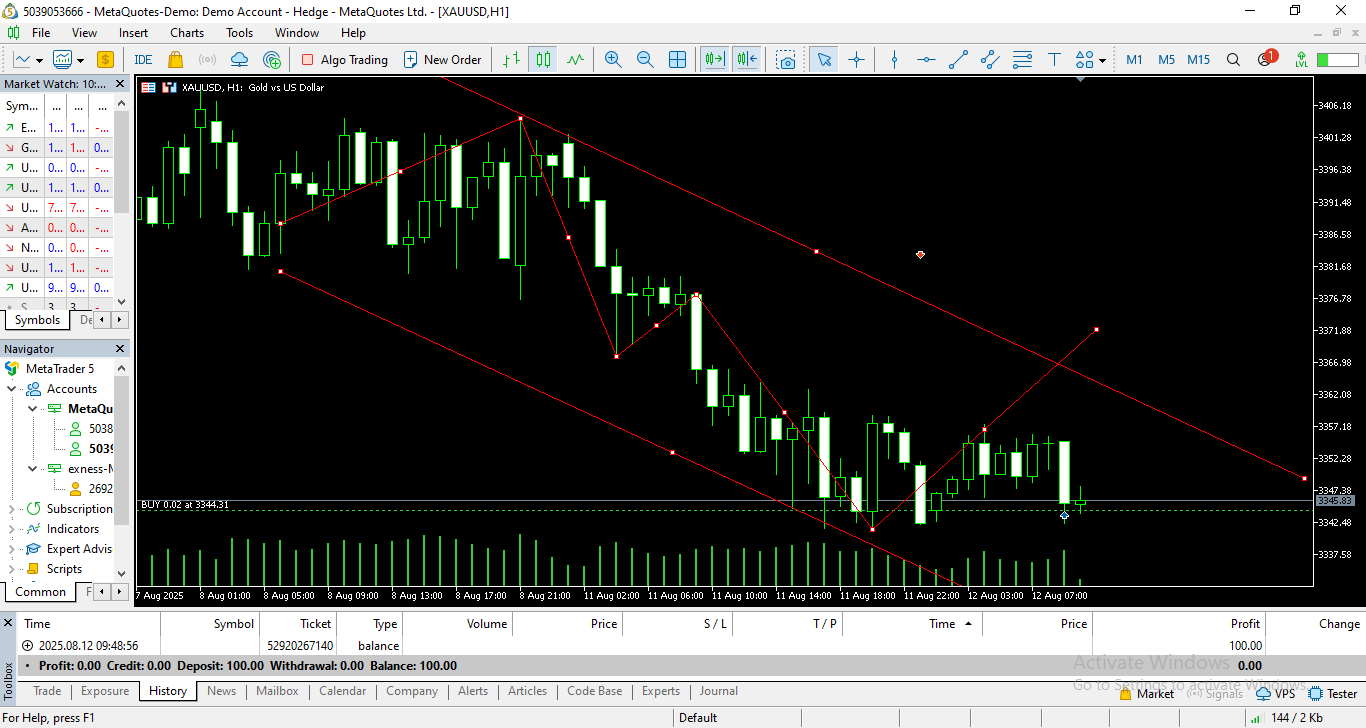 Chart XAUUSD, H1, 2025.08.12 02:52 UTC, MetaQuotes Ltd., MetaTrader 5, Demo